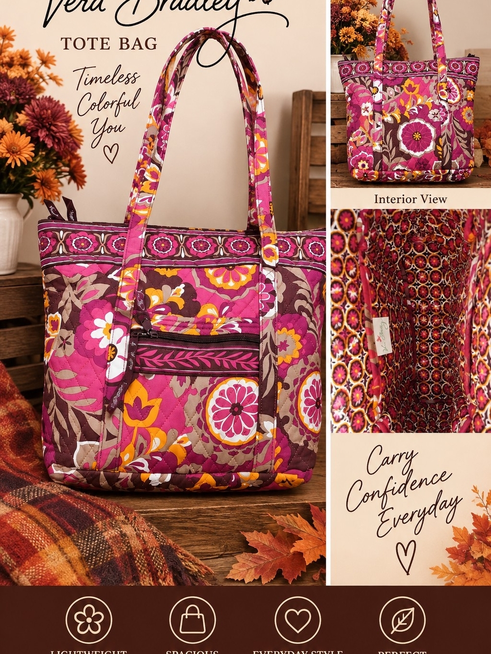 Vera Bradley Pink Floral Quilted Tote with Yellow Accents
